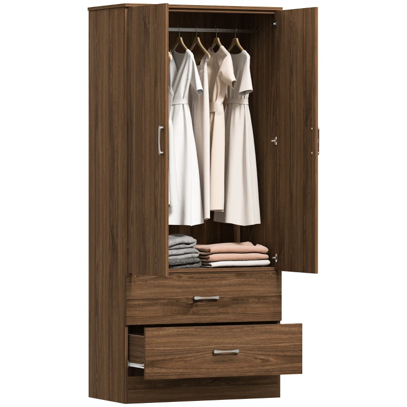 HOMCOM Wardrobe Closet Armoire with Hanging Rod and 2 Doors, Clothes Storage Organizer with 2 Drawers for Bedroom, Walnut