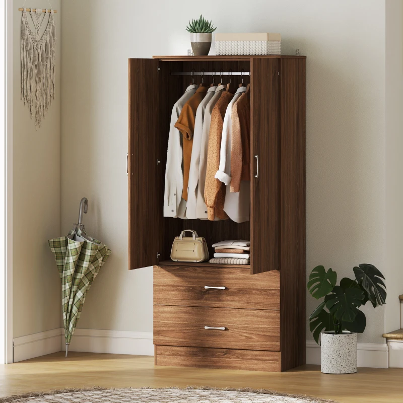 HOMCOM Wardrobe Closet Armoire with Hanging Rod and 2 Doors, Clothes Storage Organizer with 2 Drawers for Bedroom, Walnut