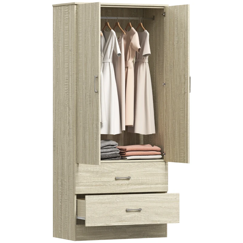HOMCOM Wardrobe Closet Armoire with Hanging Rod and 2 Doors, Clothes Storage Organizer with 2 Drawers for Bedroom, Oak