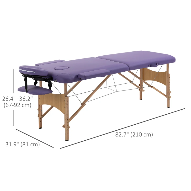 HOMCOM 83 Inch Portable Folding Massage Table, Height Adjustable Professional Salon Spa Facial Couch Bed with Free Carrying Case, Headrest, Armrests, Purple