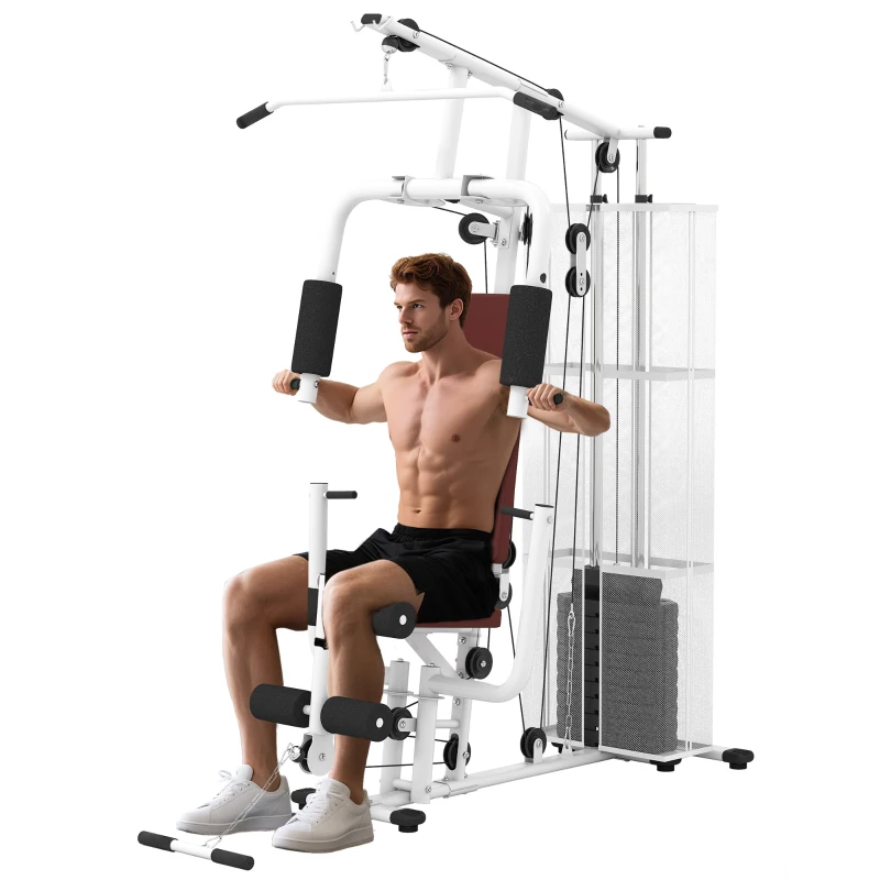 Soozier Home Gym, Multifunction Gym Equipment Workout Station with 100Lbs Weight Stack for Lat Pulldown, Leg Extensions, Preacher Bicep Curls, Triceps Pulldowns, Chest Press, White