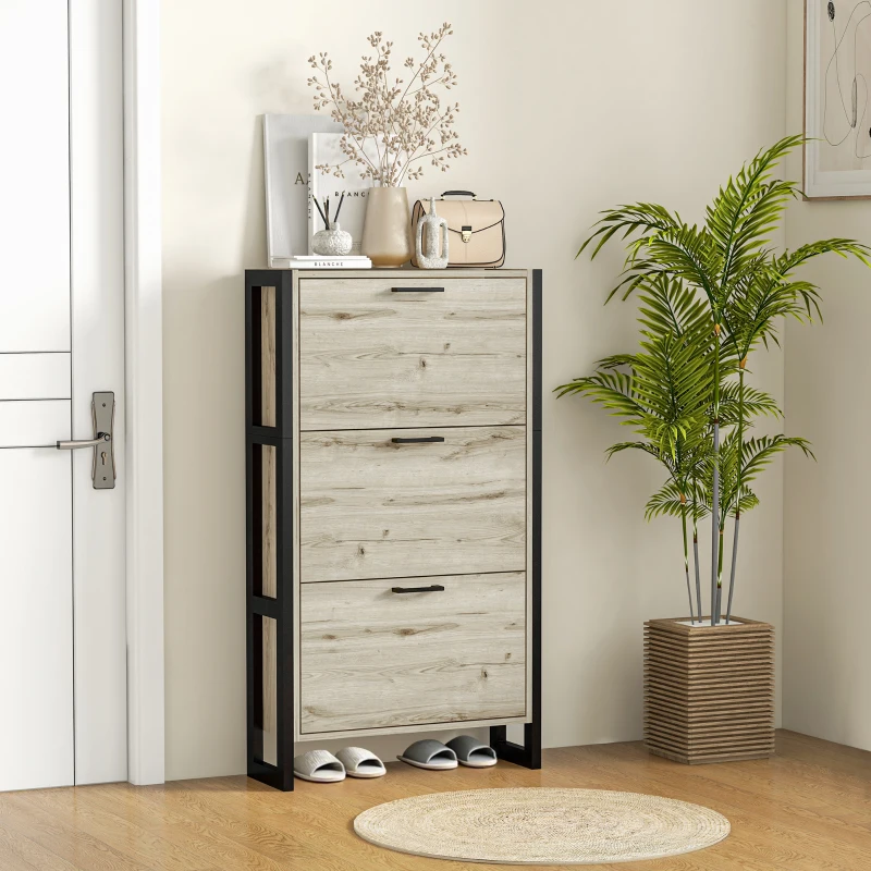 HOMCOM Shoe Cabinet with 3 Flip Drawer Cabinet, Walnut