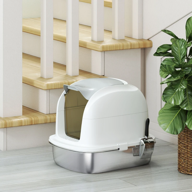 PawHut Large Stainless Steel Cat Litter Box with Lid, Enclosed Cat Litter Box with Flip Cover, Scoop
