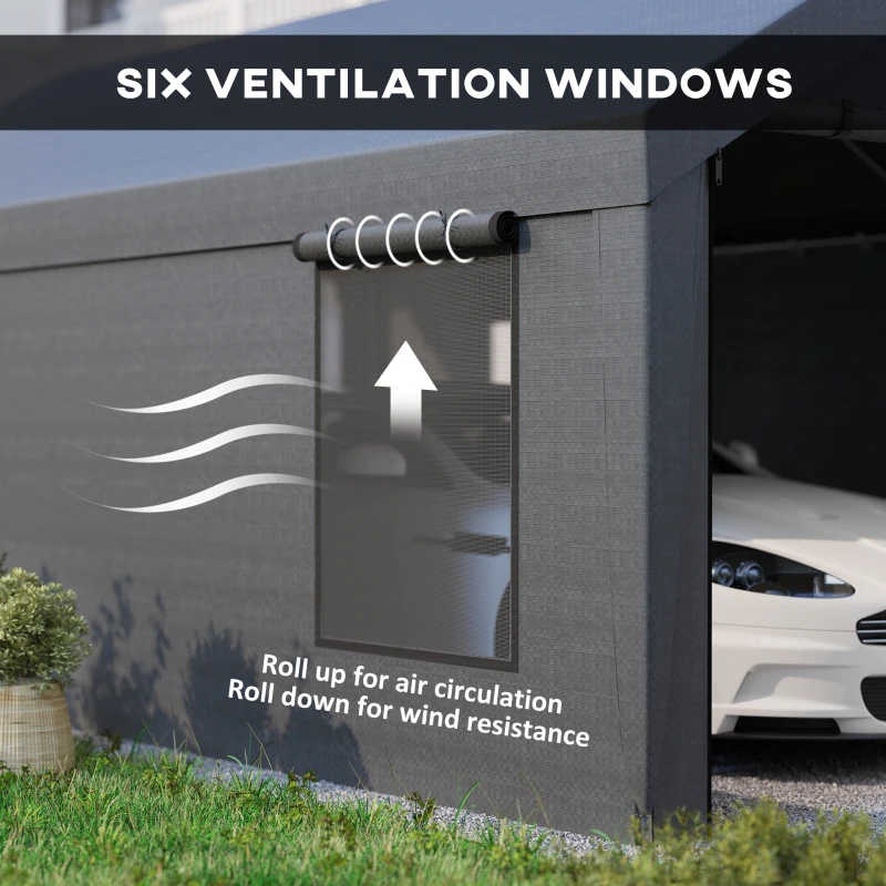 Outsunny 12 x 20ft Carport with 2 Roll-Up Doors, 4 Windows, Portable Garage with Removable Sidewalls for Car, Truck, Dark Grey