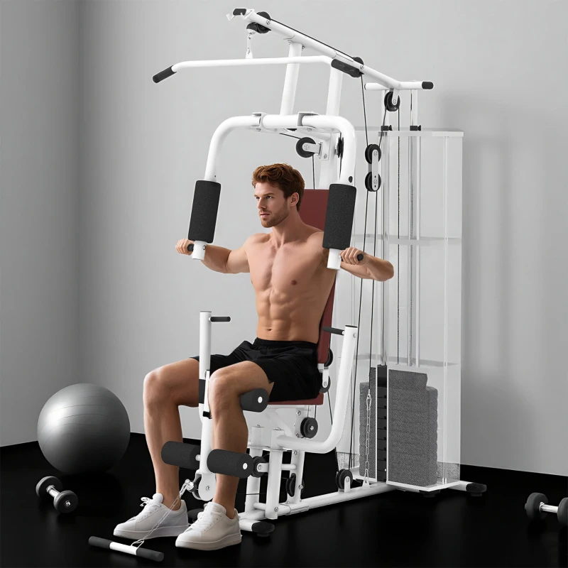 Soozier Home Gym, Multifunction Gym Equipment Workout Station with 100Lbs Weight Stack for Lat Pulldown, Leg Extensions, Preacher Bicep Curls, Triceps Pulldowns, Chest Press, White