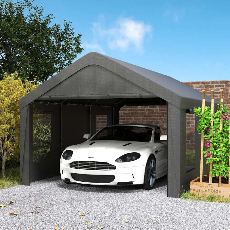 Outsunny 12 x 20ft Carport with 2 Roll-Up Doors, 4 Windows, Portable Garage with Removable Sidewalls for Car, Truck, Dark Grey