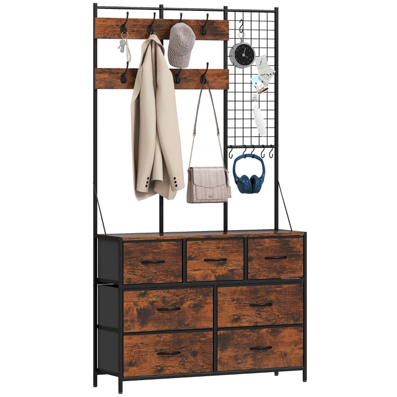 HOMCOM 4-In-1 Coat Rack with 7 Drawer Fabric Dresser, Hall Tree with 14 Hooks for Hallway, Entryway, Bedroom, Rustic Brown