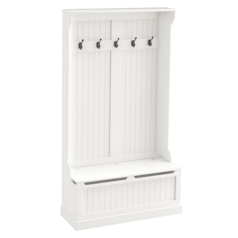 HOMCOM 3-In-1 Entryway Bench with Coat Rack, Hall Tree with Bench and Shoe Storage, 5 Hooks for Hallway Cream White