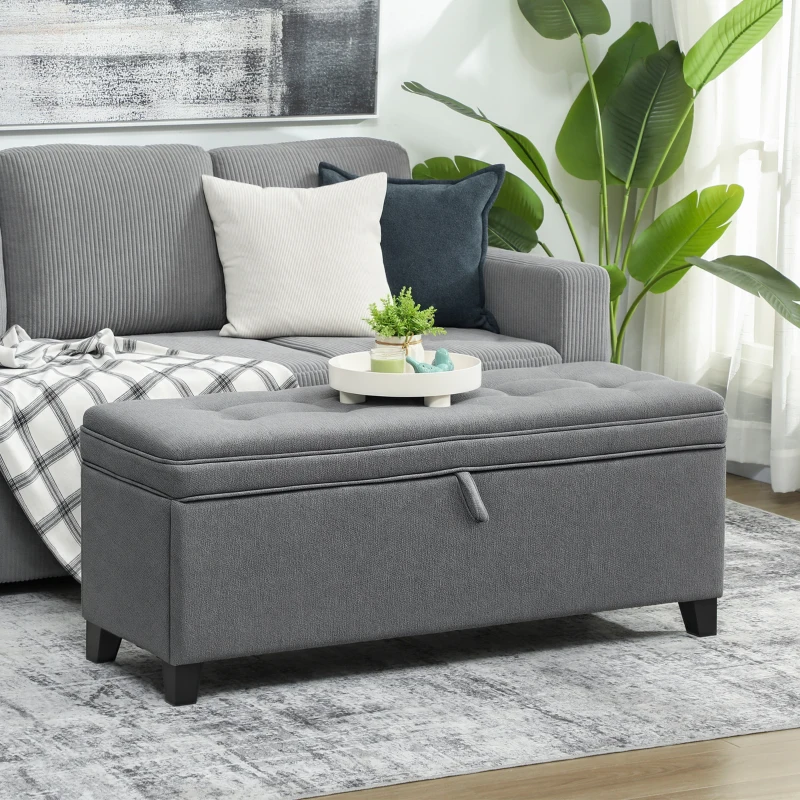 HOMCOM Storage Ottoman Bench, Foot Rest with Safety Hinges, 47 Inches Linen Storage Chest for Living Room, Dark Grey
