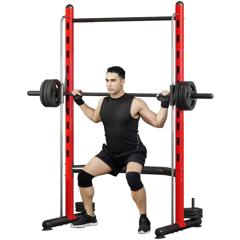 Soozier Squat Rack with Pull Up Bar and Barbell Bar Adjustable Bench Press Multi-Function Weight Lifting Half Rack Red