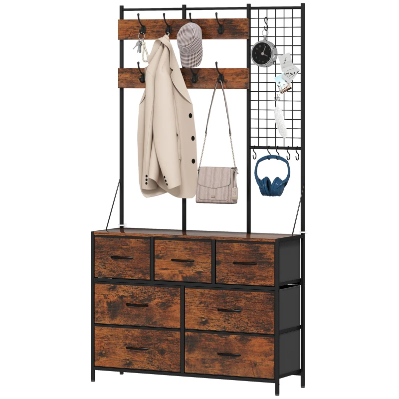 HOMCOM 4-In-1 Coat Rack with 7 Drawer Fabric Dresser, Hall Tree with 14 Hooks for Hallway, Entryway, Bedroom, Rustic Brown