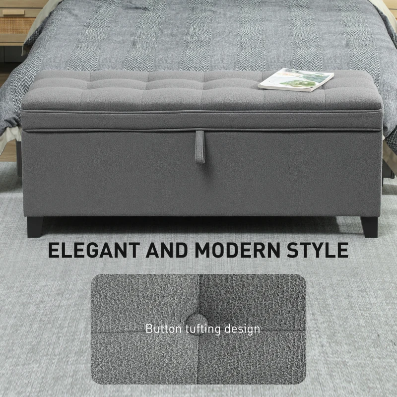 HOMCOM Storage Ottoman Bench, Foot Rest with Safety Hinges, 47 Inches Linen Storage Chest for Living Room, Dark Grey