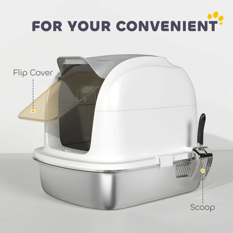 PawHut Large Stainless Steel Cat Litter Box with Lid, Enclosed Cat Litter Box with Flip Cover, Scoop