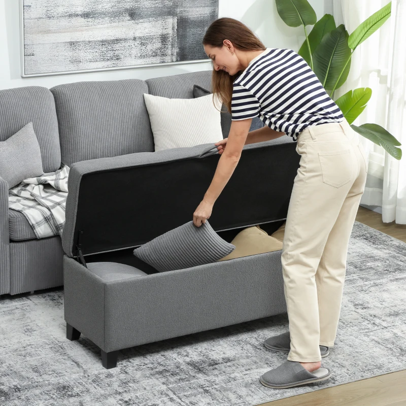 HOMCOM Storage Ottoman Bench, Foot Rest with Safety Hinges, 47 Inches Linen Storage Chest for Living Room, Dark Grey