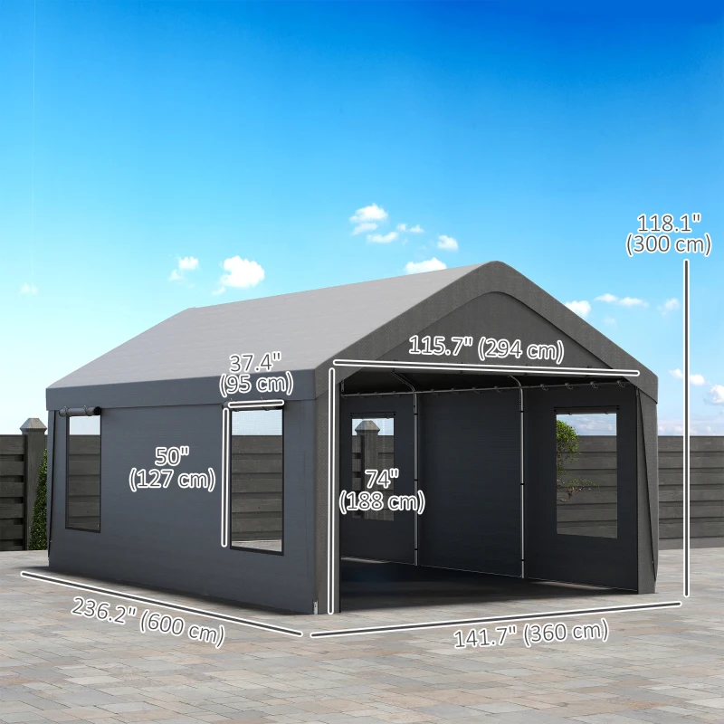Outsunny 12 x 20ft Carport with 2 Roll-Up Doors, 4 Windows, Portable Garage with Removable Sidewalls for Car, Truck, Dark Grey