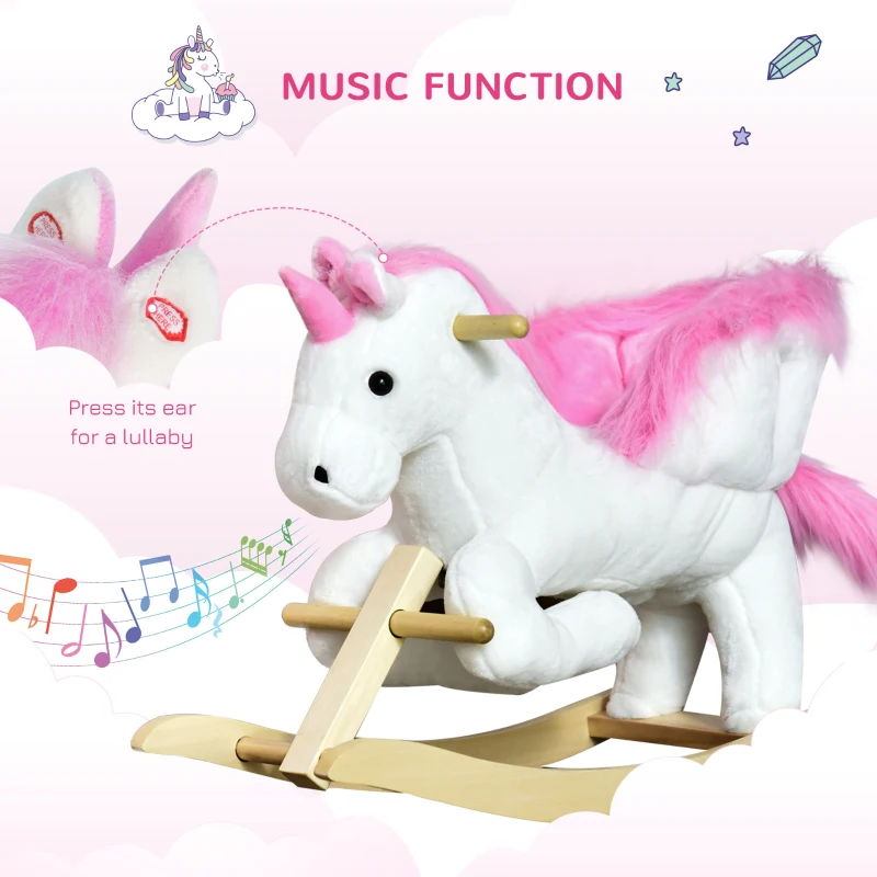 Qaba Unicorn Baby Rocking Horse Toy for Kids with Lullaby Song, Plush Ride on Horse with Heavy-Duty Support System, Interactive Toy Pretend Play Toy for Toddlers 18-36 Months