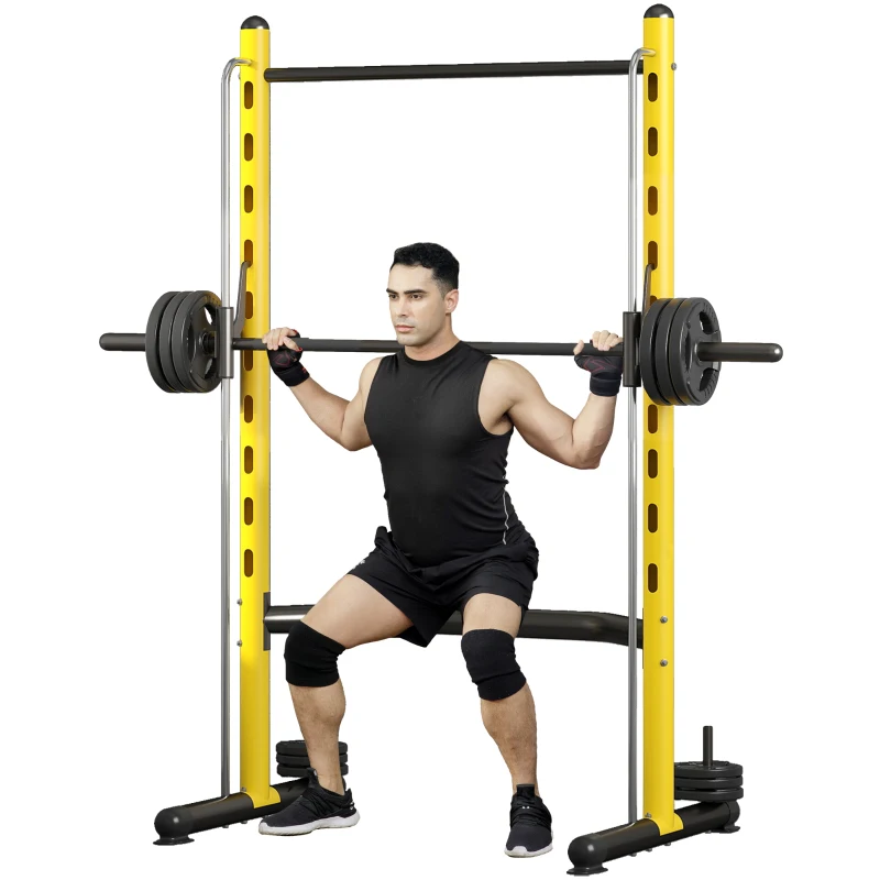 Soozier Squat Rack with Pull Up Bar and Barbell Bar Adjustable Bench Press Multi-Function Weight Lifting Half Rack, Yellow