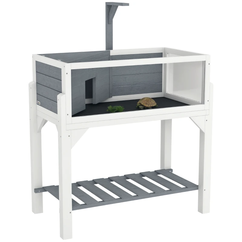 PawHut Wooden Tortoise Habitat with Storage Shelf, Tortoise Enclosure with Clear Windows, Openable Top, Lamp Holder, Gray
