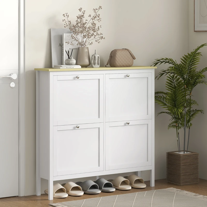 HOMCOM Entryway Shoe Storage Cabinet with 4 Flip Drawers, Adjustable Shelves, Narrow Shoe Cabinet for 20 Pairs of Shoes, White