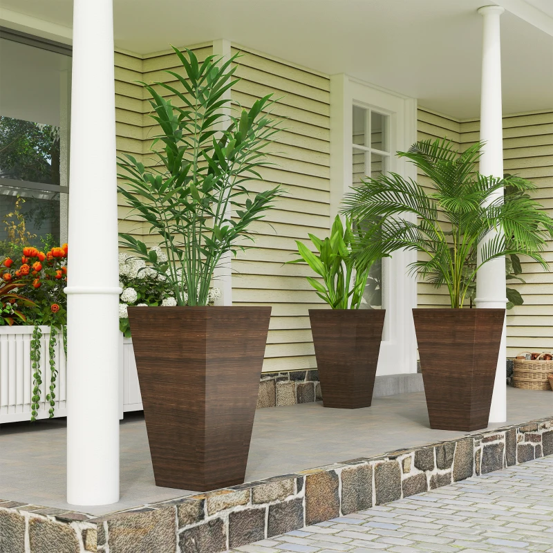 Outsunny Set of 3 Tall Planters, 28" Outdoor Planter w/ Drainage Holes, Faux Wood Plastic Flower Pots, Brown