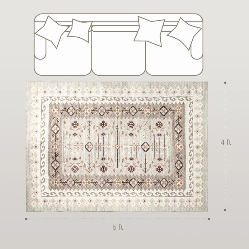 HOMCOM Machine Washable Area Rug 4x6, Non-Slip Boho Flannel Print Floor Carpet for Living Room, Bedroom, Dining Room, Brown