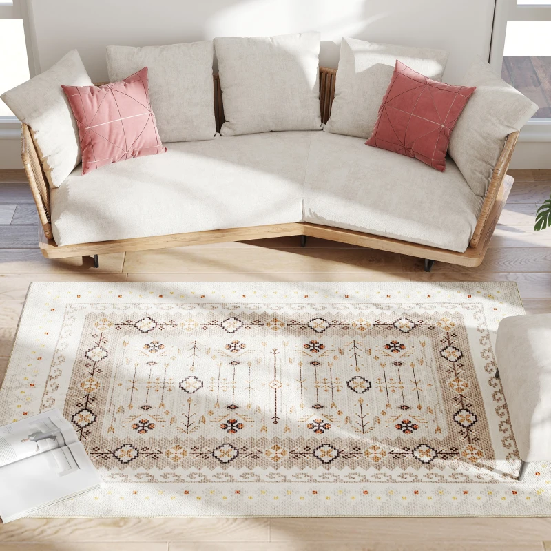 HOMCOM Machine Washable Area Rug 4x6, Non-Slip Boho Flannel Print Floor Carpet for Living Room, Bedroom, Dining Room, Brown