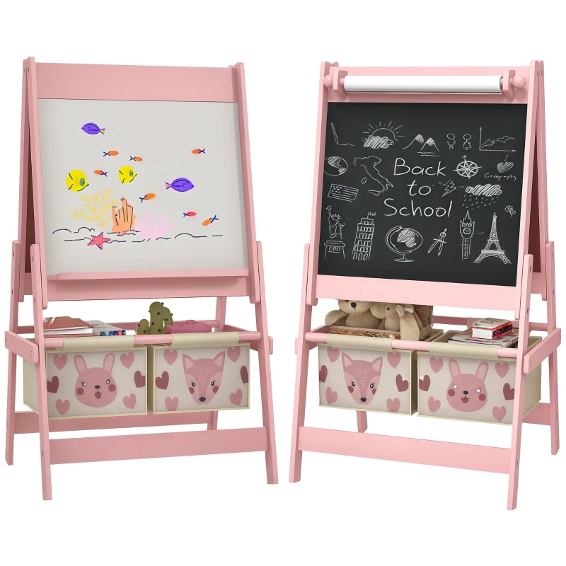 Qaba Art Easel for Kids with Paper Roll, Blackboard, Whiteboard, Storage, Pink