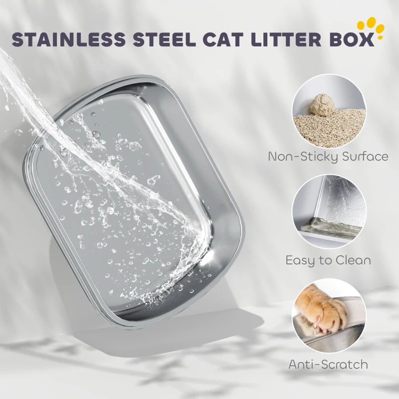 PawHut Large Stainless Steel Cat Litter Box with Lid, Enclosed Cat Litter Box with Flip Cover, Scoop