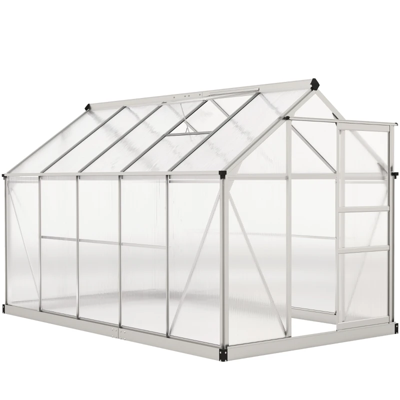 Outsunny 6' x 10' x 6.6' Polycarbonate Greenhouse, Walk-In Green House Kit Garden, Plants Grow, Galvanized Sheet Aluminum Frame with Rain Gutter, Vents and Sliding Door, Sliver