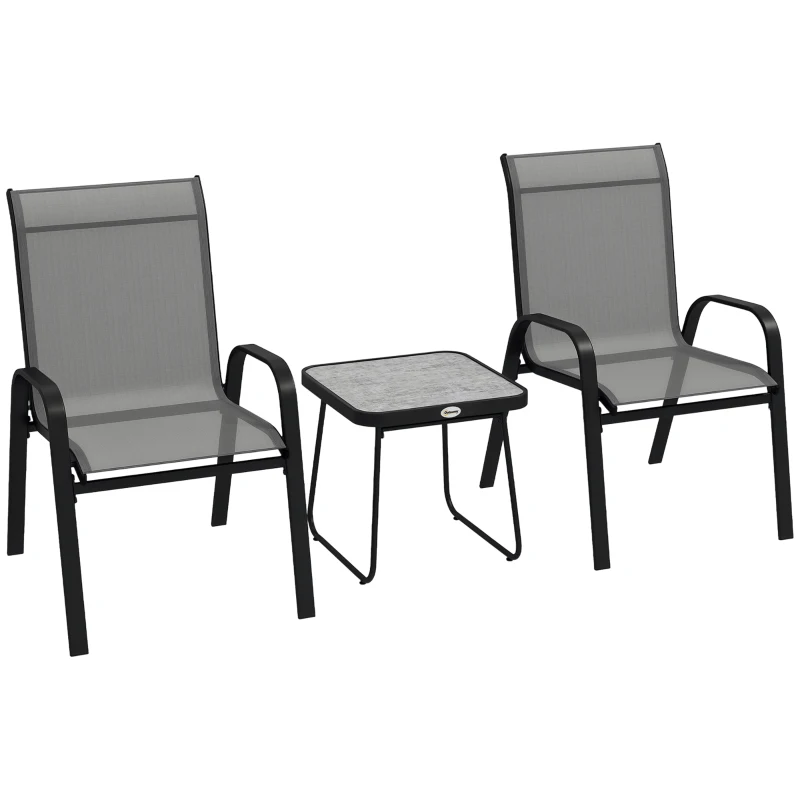 Outsunny Outdoor Bistro Set of 3, 3-Piece Patio Set with Breathable Mesh Fabric, Stackable Chairs and Square Table, Light Grey