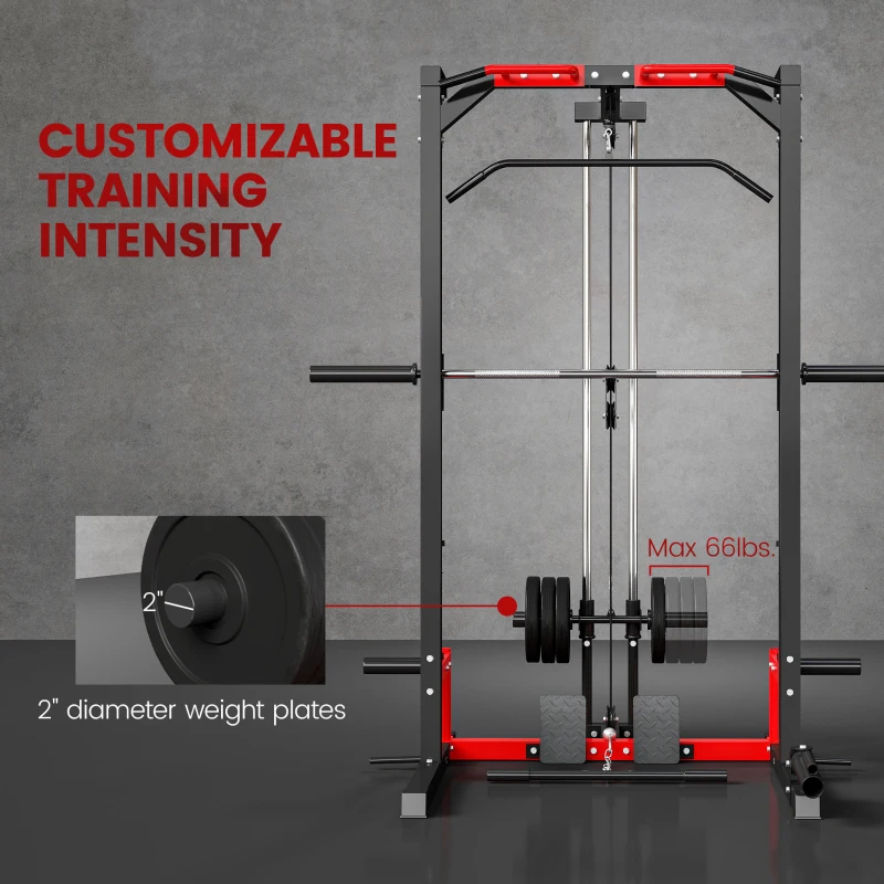 Soozier Smith Machine Power Rack with Pull Up Bar, Lat Pull Down System, Landmine, Squat Rack, Barbell Bar, for Home Gym