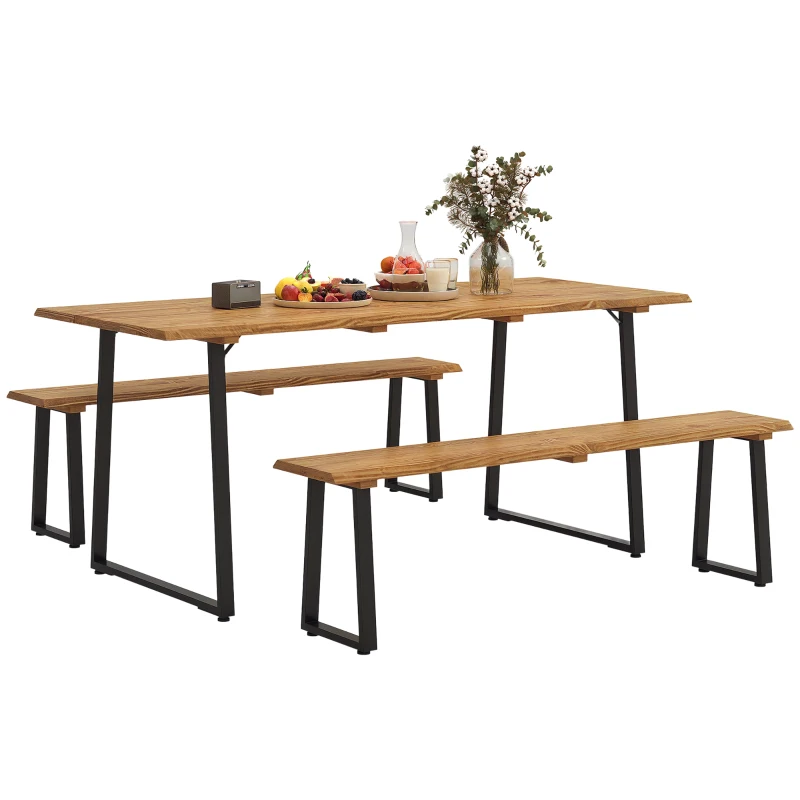 Outsunny Picnic Table and Bench Set for 6 Persons with 2" Umbrella Hole, Slatted Top & Steel Frame, for Party, BBQ, Patio, Lawn