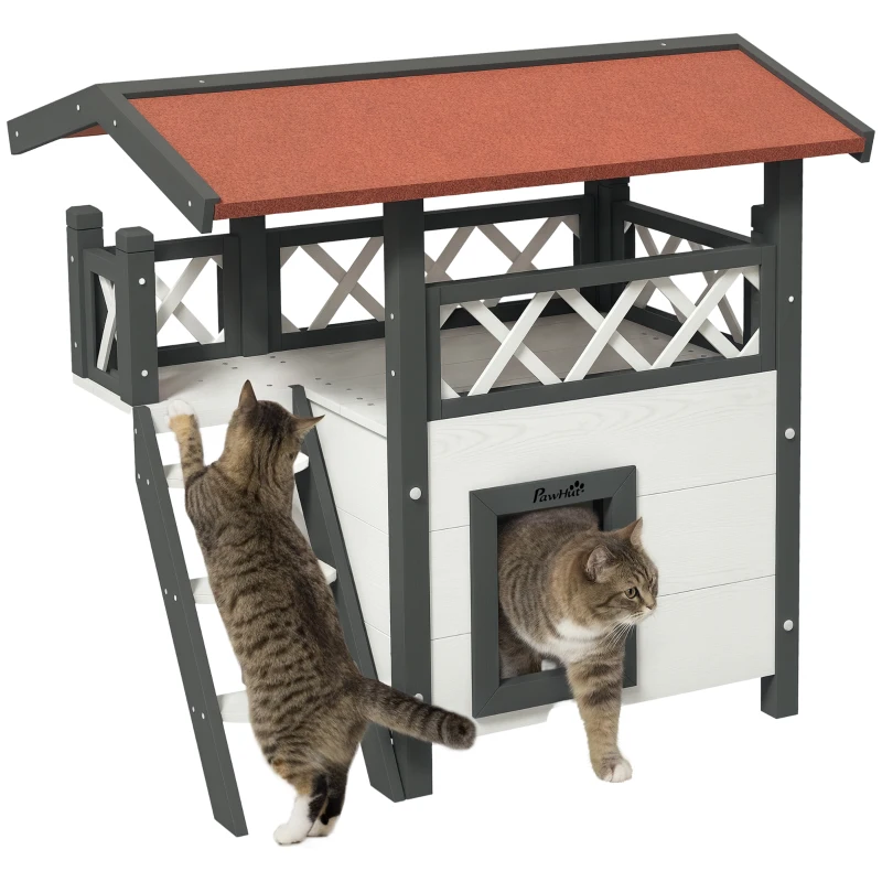 PawHut Wooden 2-Story Shelter for Feral Cats with Asphalt Roof, Stairs, Balcony, 30" x 20" x 29", White