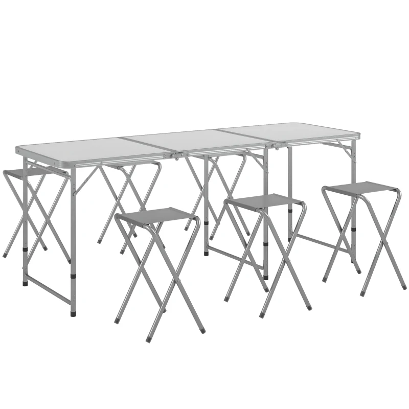 Outsunny Folding Picnic Table and 6 Stools, Camping Table and Chairs with Aluminum Frame for Outdoor, Picnic, Beach, BBQ, Grey