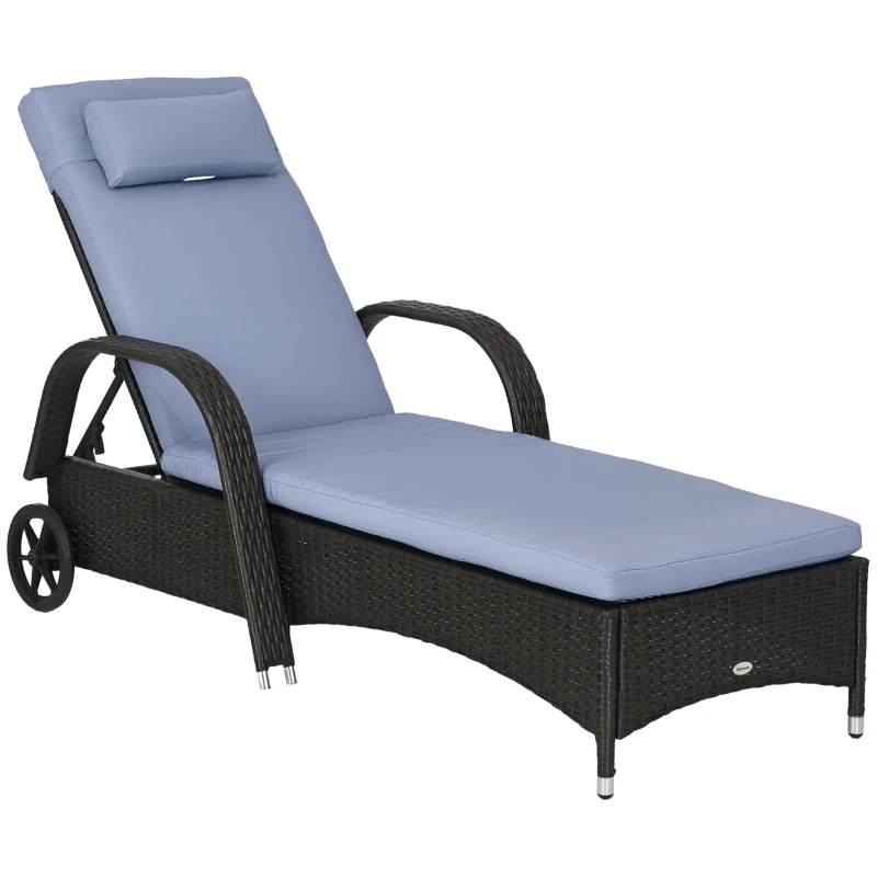 Outsunny Outdoor Lounger, Deck Lounge Chair with Headrest, 5-Level Adjustable, Backrest, Wheels, Deep Coffee and Silver Grey