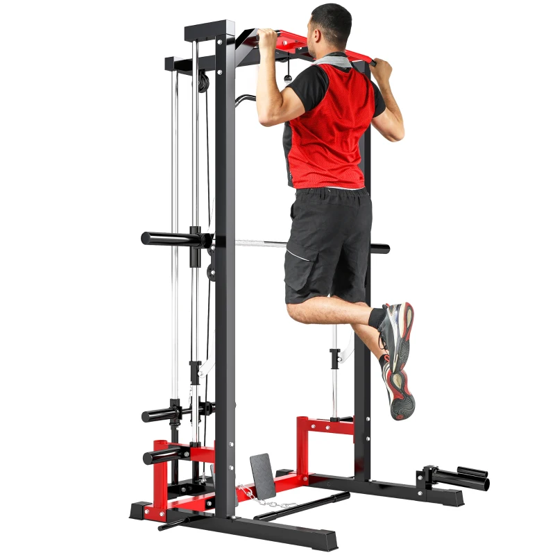 Soozier Smith Machine Power Rack with Pull Up Bar, Lat Pull Down System, Landmine, Squat Rack, Barbell Bar, for Home Gym