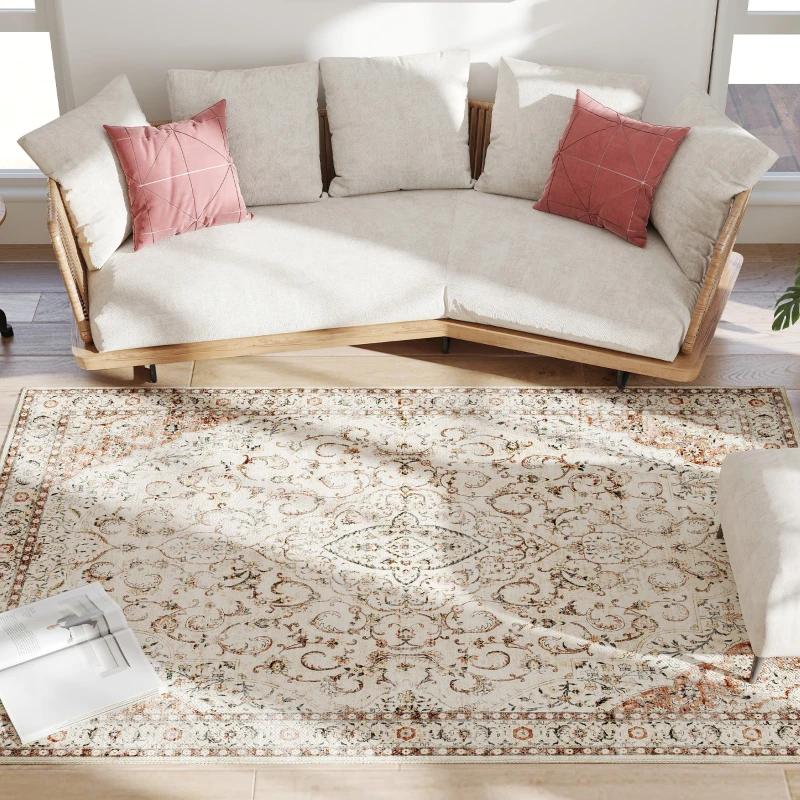 HOMCOM Area Rug 5x7, Machine Washable Rug, Non-Slip Classical Floral Print Floor Carpet for Living Room, Bedroom, Mixed-Brown