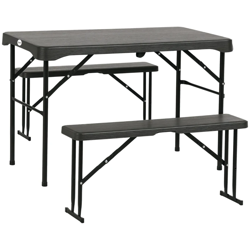 Outsunny Folding Picnic Table with 2 Benches, 3-Piece Portable Outdoor Picnic Table Bench Set for 4, Patio Dining Table Set with Plastic Top, Steel Frame for Garden, Dark Grey