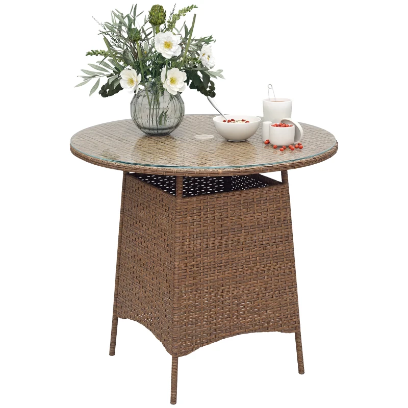 Outsunny 31.5" Outdoor Round Patio Table with Umbrella Hole, Bistro Coffee Table with Tempered Glass Top for Garden, Brown