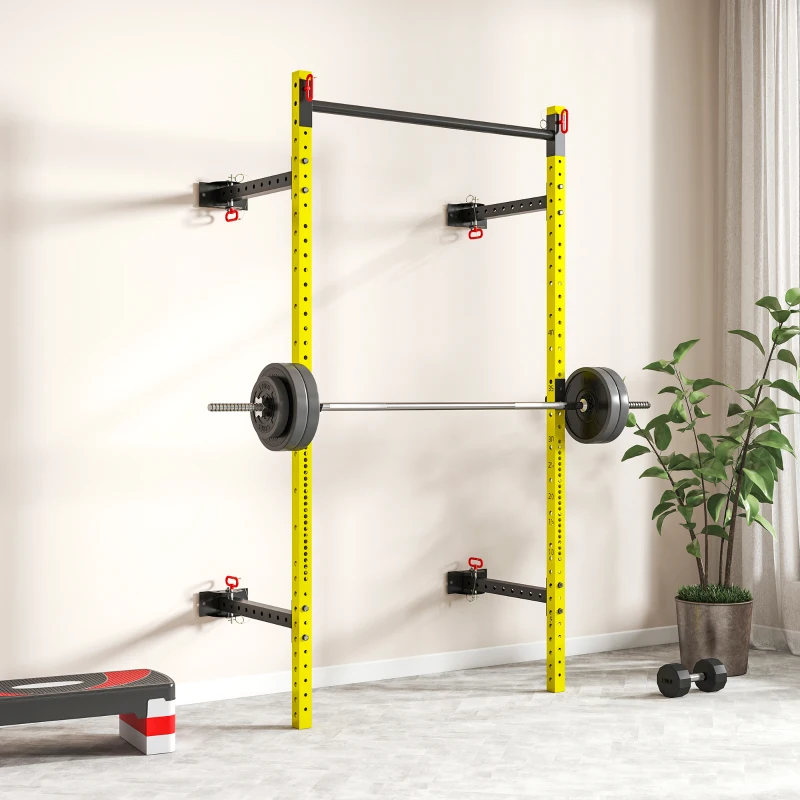 Soozier Folding Squat Rack with Pull Up Bar, Wall Mounted and Adjustable, 1000 Pounds Capacity Power Rack, Yellow