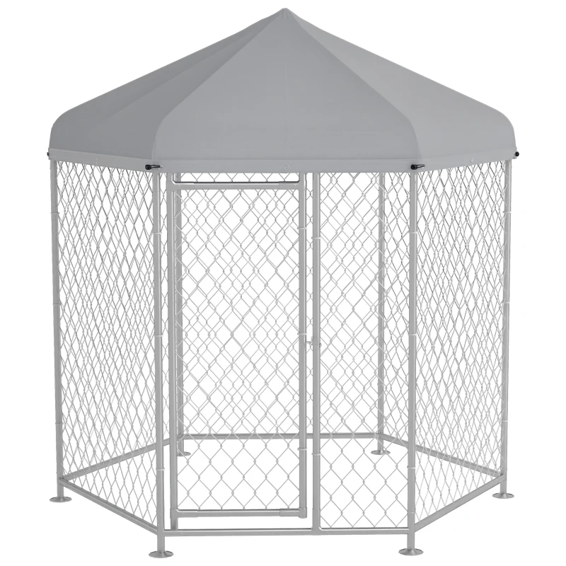 PawHut 6.9' x 6.1' x 7' Outdoor Dog Kennel Dog Run with Waterproof, UV Resistant Cover for Medium Large Sized Dogs, Silver