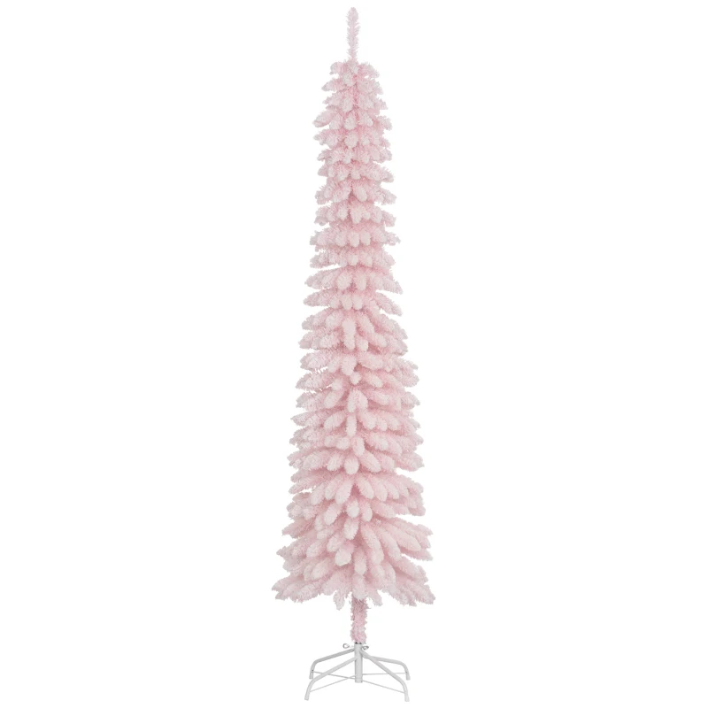 HOMCOM 7ft Snow-Flocked Artificial Christmas Tree, Slim Pencil Xmas Tree with 490 Realistic Branches, Metal Base, Pink