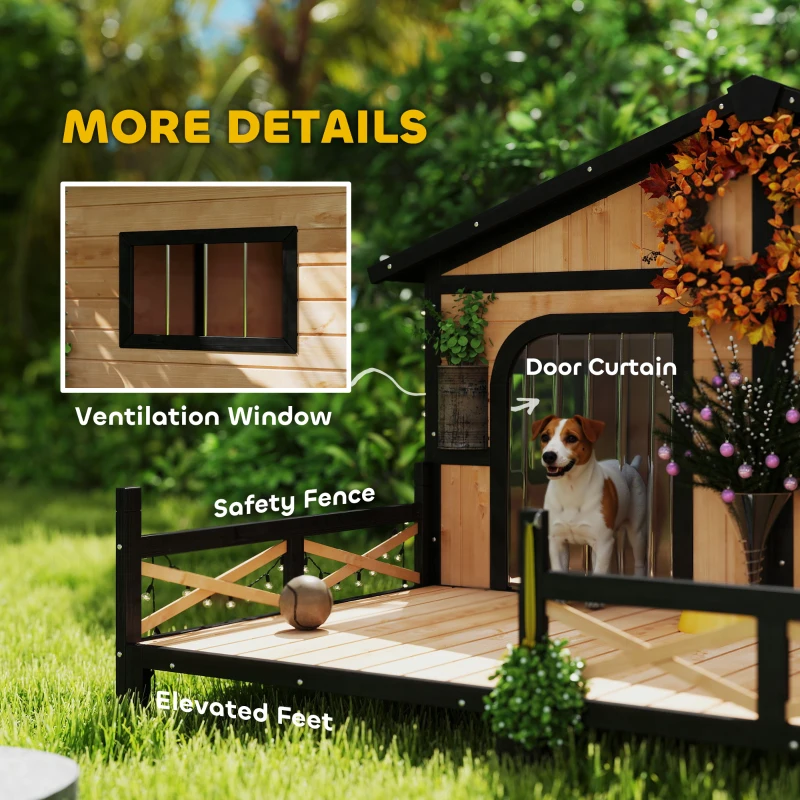 PawHut 59"x64"x39" Wood Dog House Outdoor Cabin-Style Elevated Pet Shelter with Porch Deck, Beige