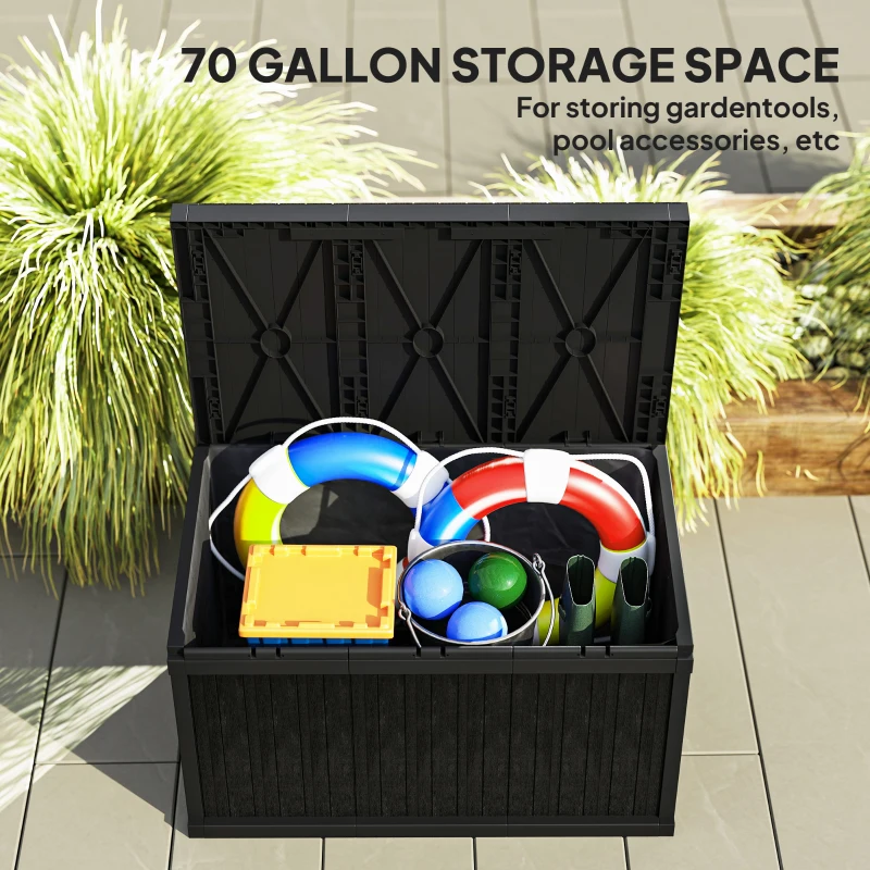 Outsunny 70 Gallon Deck Box, Resin Outdoor Storage Box with Handles, Waterproof Storage Container for Garden Tools, Black