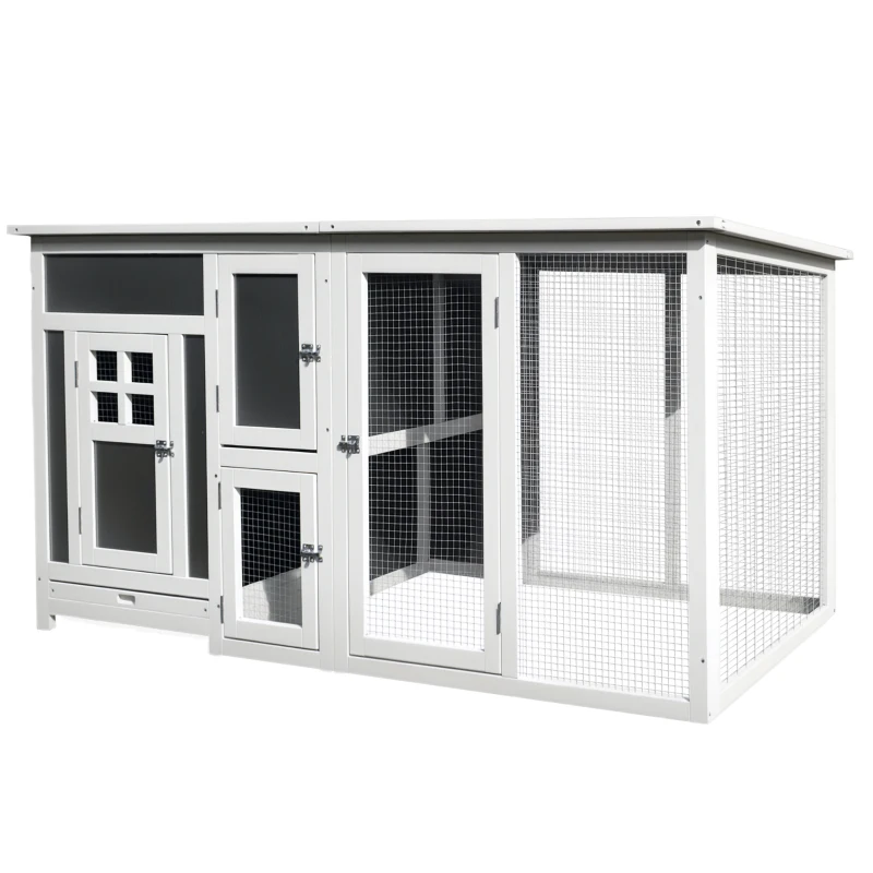 PawHut 63" Chicken Coop Wooden Hen House Rabbit Hutch Poultry Cage Pen Outdoor Backyard with Nesting Box and Run Small Animal Cage PC Roof Grey