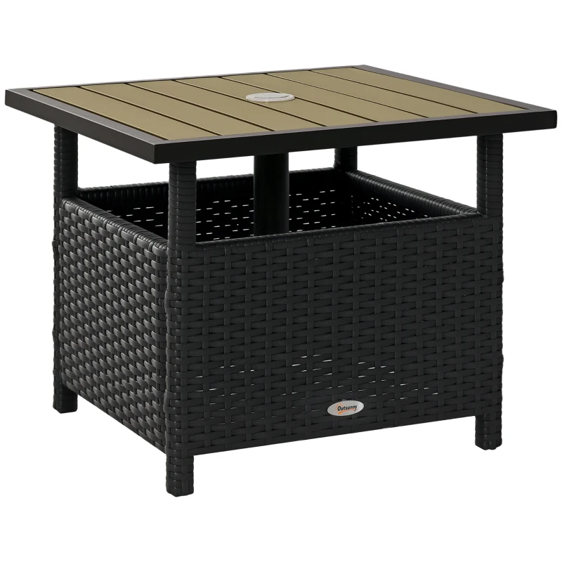Outsunny 22" Square Steel PE Rattan Wicker Table With Umbrella Hole, Outdoor Patio Accent Dining Side Table Used as Umbrella Stand, Black
