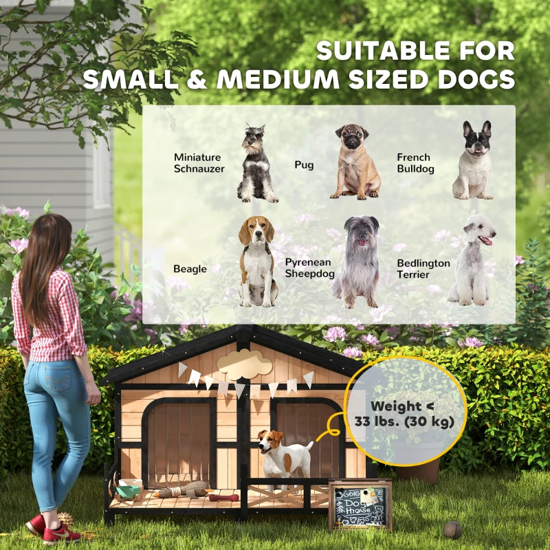 PawHut 59"x64"x39" Wood Dog House Outdoor Cabin-Style Elevated Pet Shelter with Porch Deck, Beige