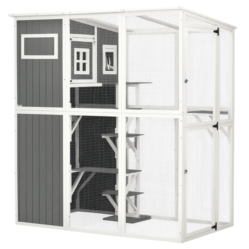 PawHut Wooden Cat Catio, 66.5"L Walk in Outdoor Cat House with PVC Weather Protection Roof, Multiple Platforms, Lockable Doors, Resting Condo, Observation Window, for 2 Cats