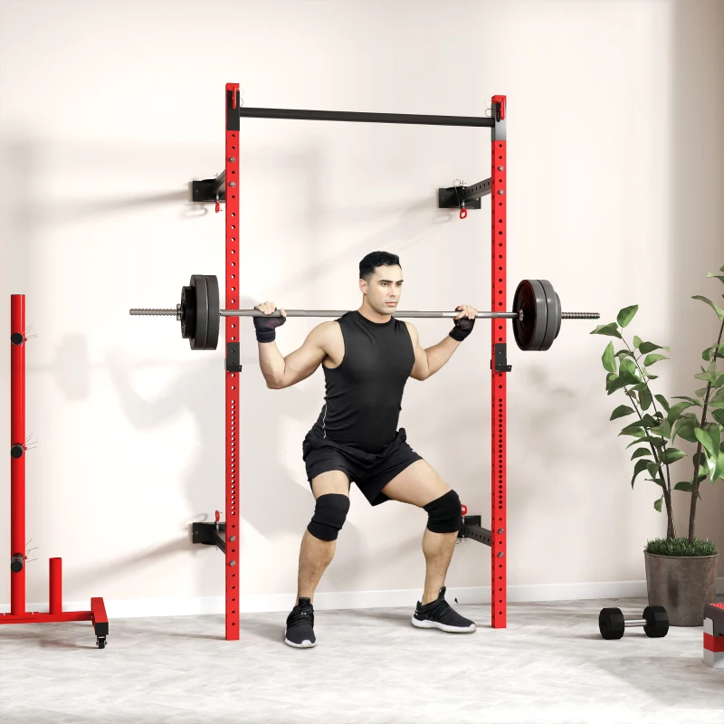 Soozier Folding Squat Rack with Pull Up Bar, Wall Mounted and Adjustable, 1000 Pounds Capacity Power Rack, Red