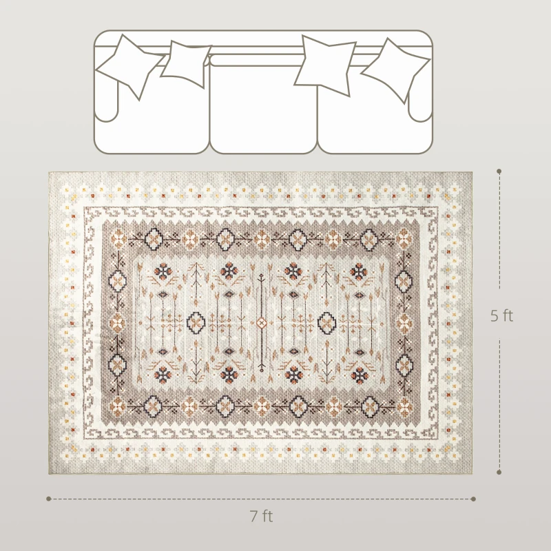 HOMCOM Machine Washable Area Rug 5x7, Non-Slip Boho Flannel Print Floor Carpet for Living Room, Bedroom, Dining Room, Brown